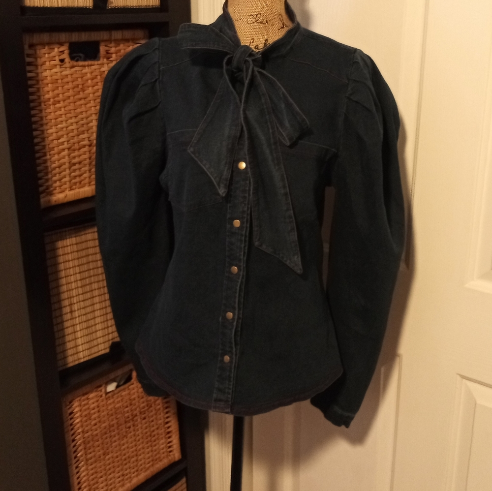 Aaron & Amber Denim Pussycat Bow Blouse